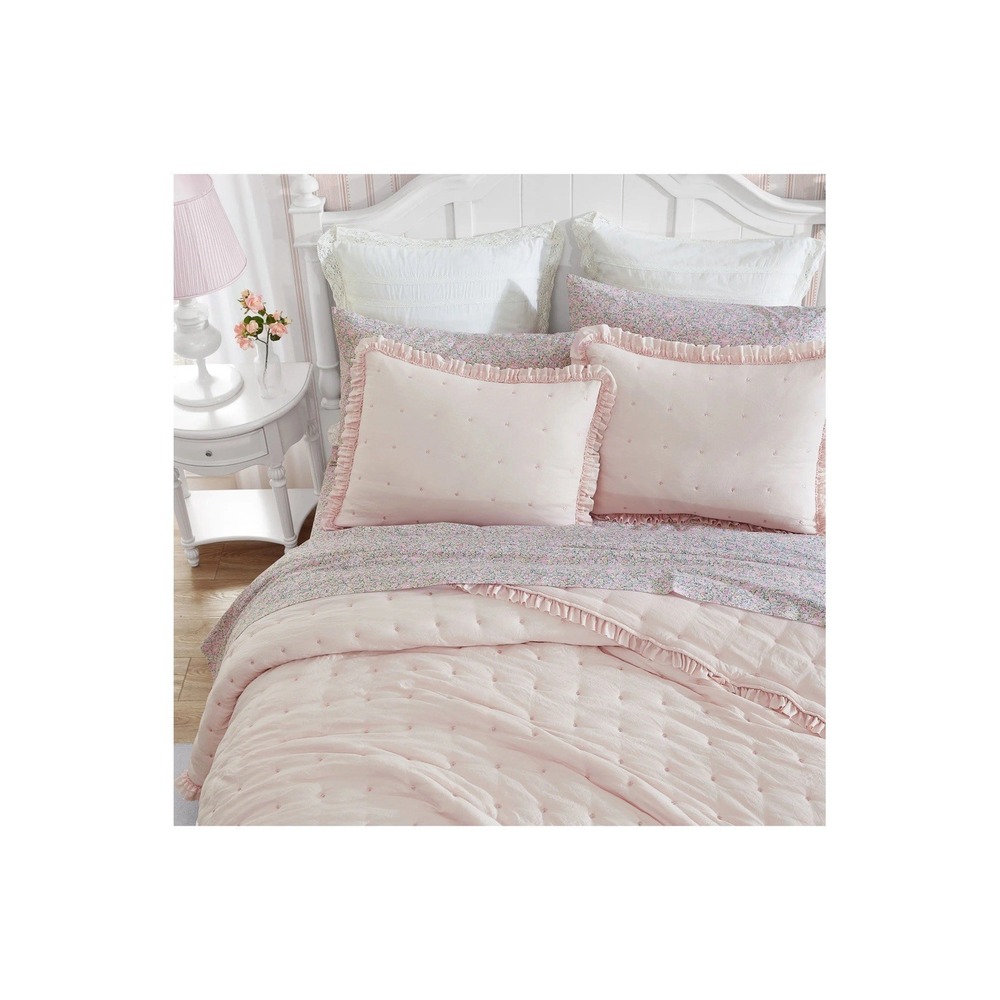 Laura Ashley Pink Ruffle Tufted Twin Comforter Set Sham 100% Cotton Blush NWOT